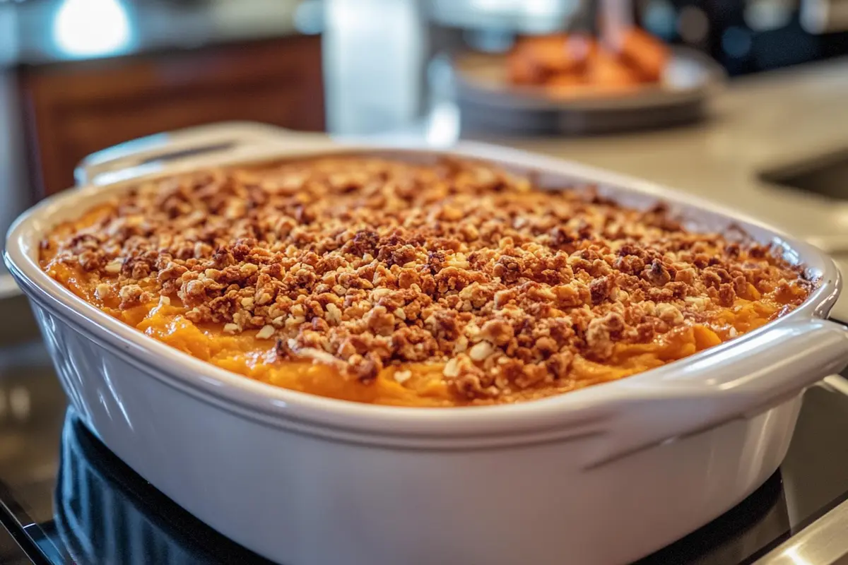 Slice of old fashioned sweet potato casserole being served