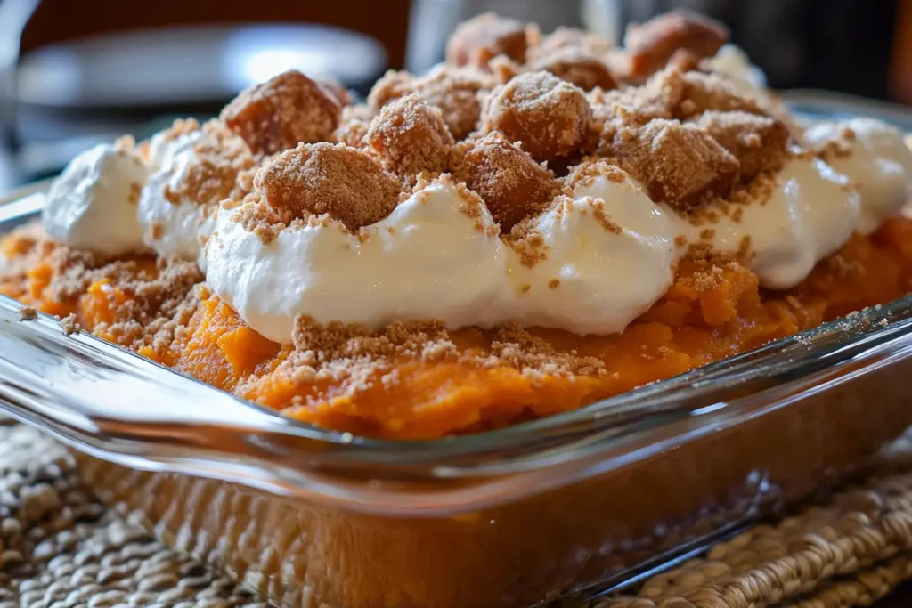 Close-up of old fashioned sweet potato casserole with toasted marshmallows and pecan topping." (Focus keyword: "sweet potato casserole," natural and concise