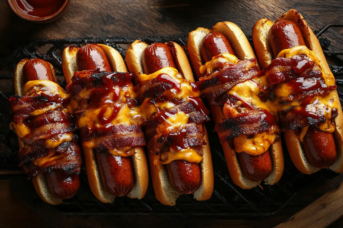 BBQ bacon-wrapped cheddar hot dogs dish