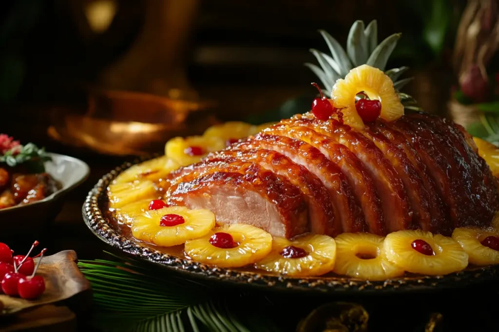 Sliced pineapple-glazed ham presentation