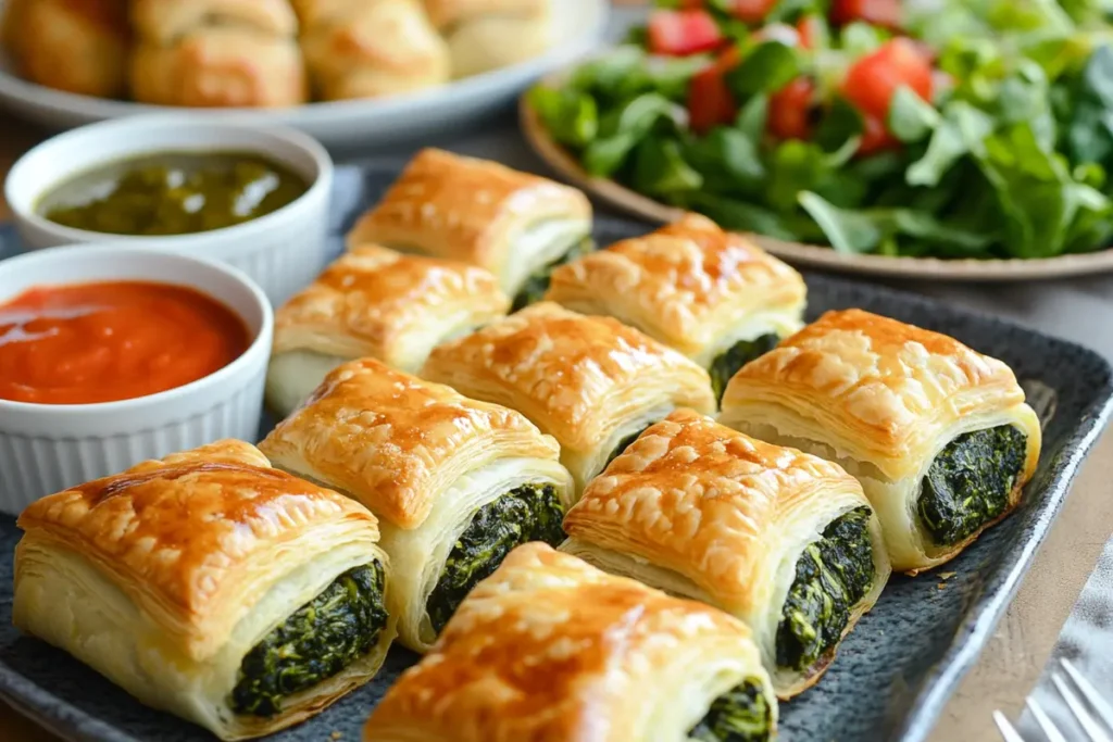 Serving spinach puffs with dip