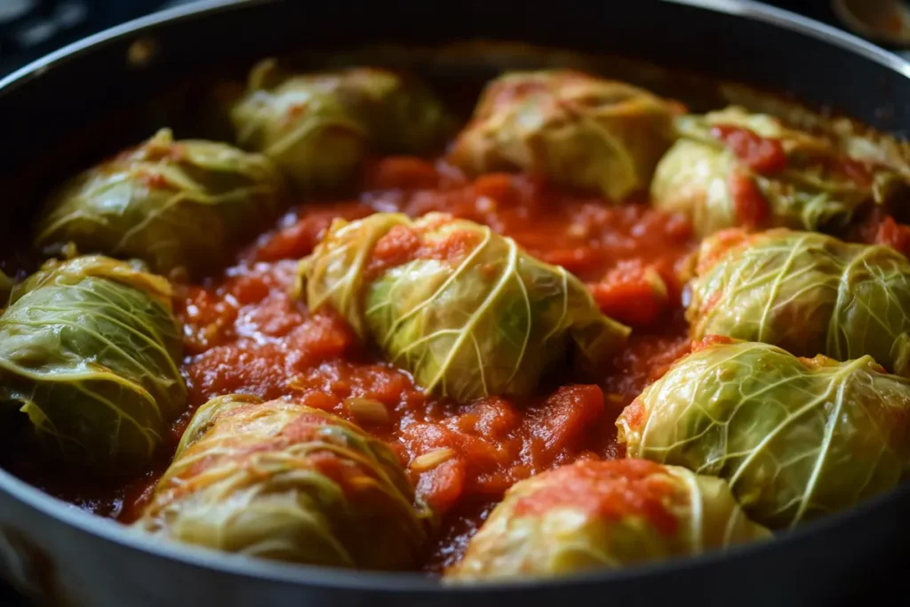 German Kohlrouladen served in a pan with gravy