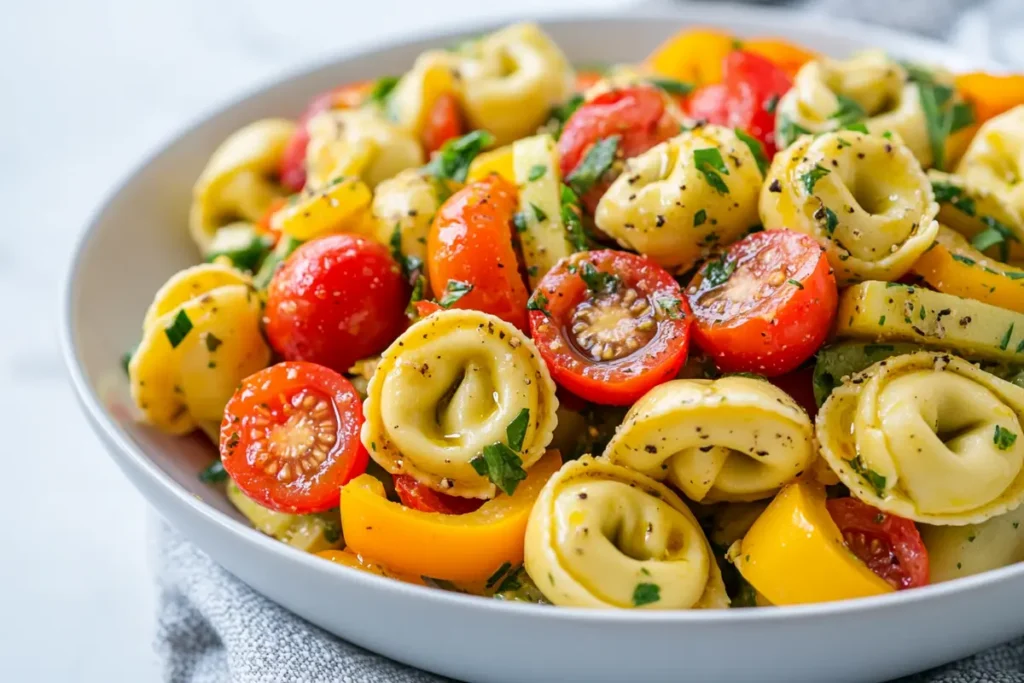 A bowl of cold cheese tortellini pasta salad with vegetables