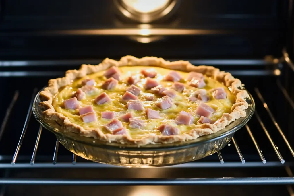 A ham and cheese quiche baking in the oven