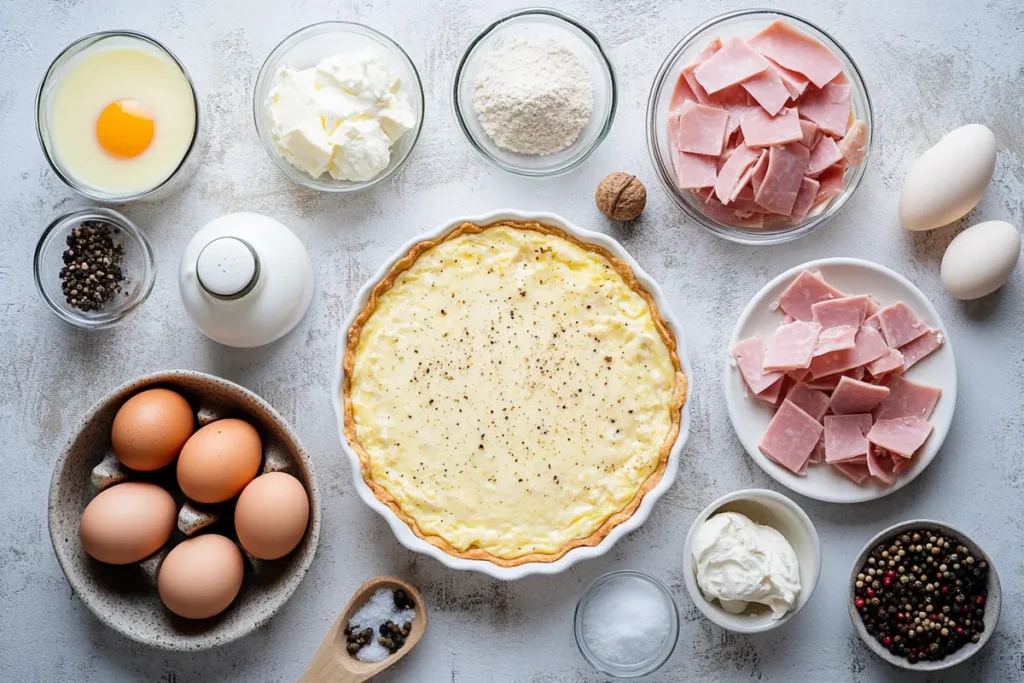 Ingredients for a ham and cheese quiche on a counter