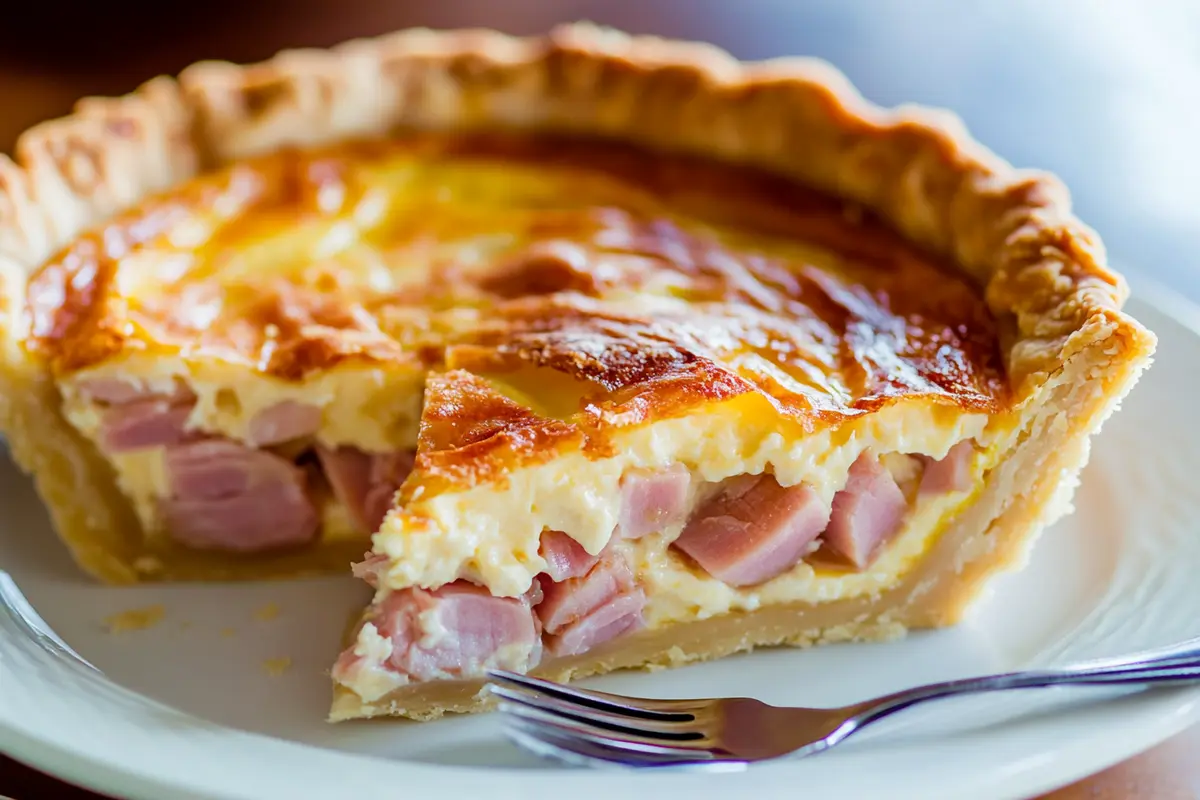 A delicious slice of ham and cheese quiche on a plate