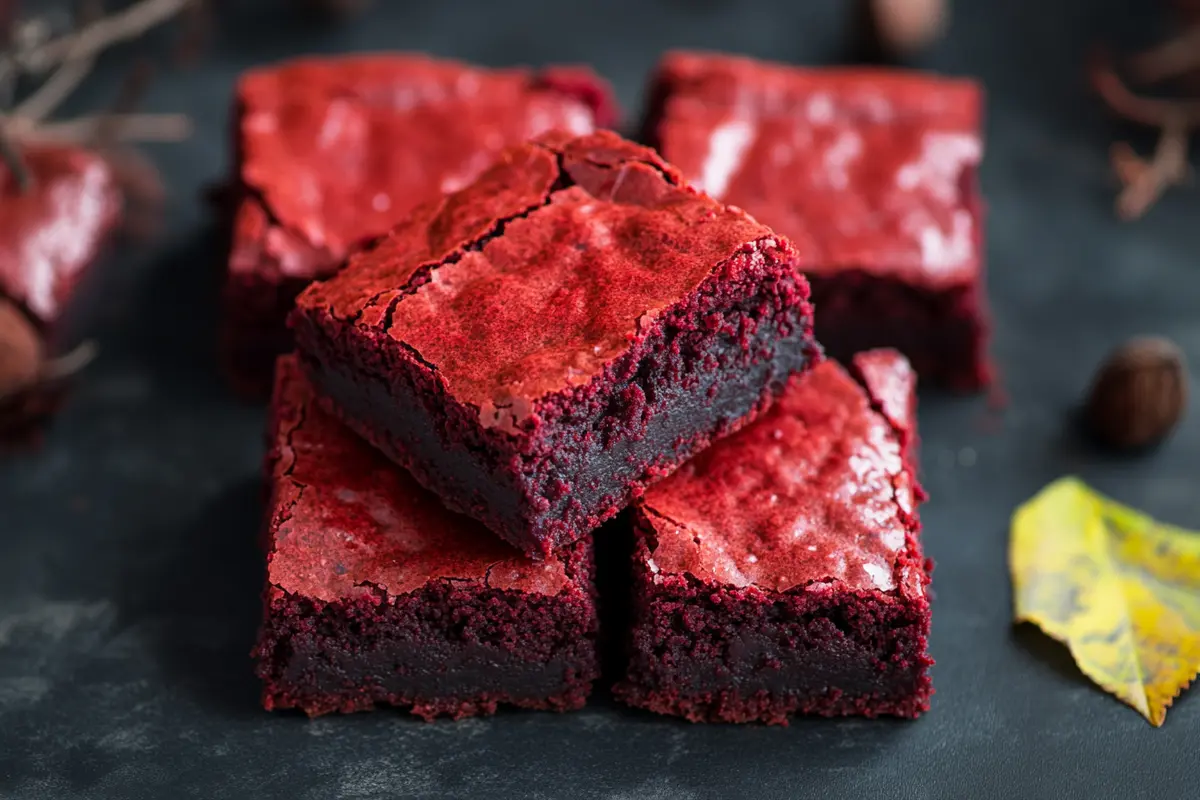 A close-up of decadent red velvet brownies with a rich, fudgy texture