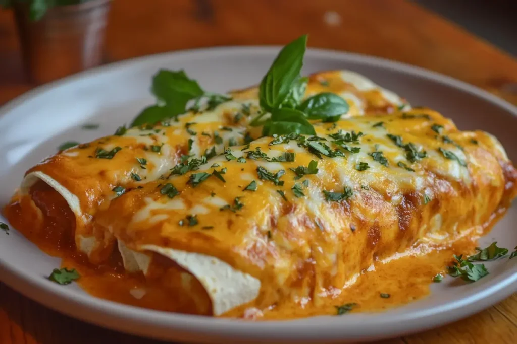 A plate of Mexican rolled up in corn tortillas with enchiladas