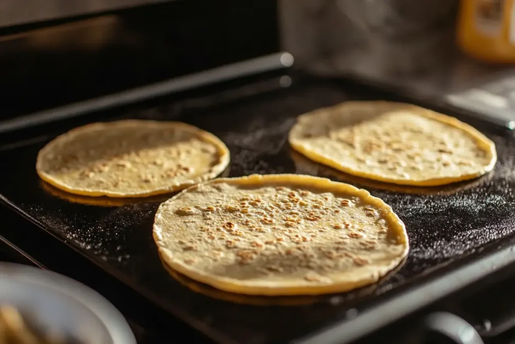 Corn tortillas being warmed on a griddle