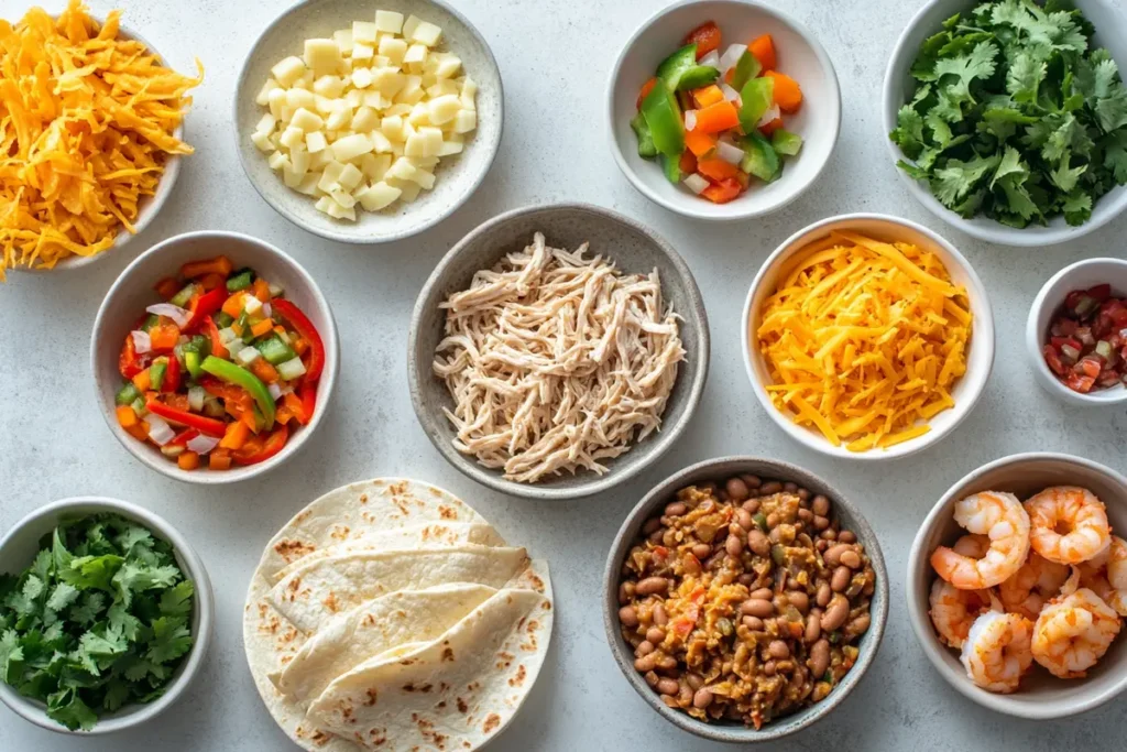 Various fillings for Mexican rolled up dishes laid out on a table