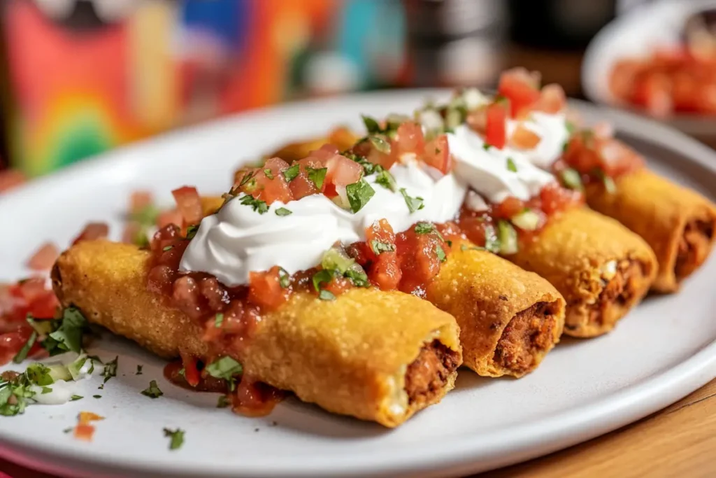 Tacos dorados or flautas, being served with various toppings