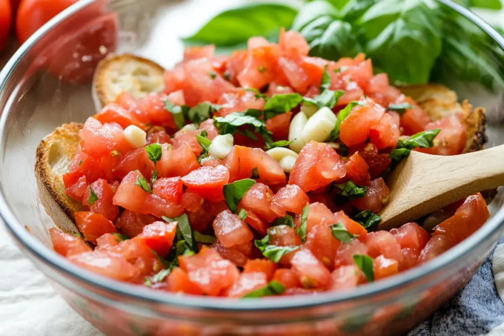 Close-up of bruschetta topping on chicken breast