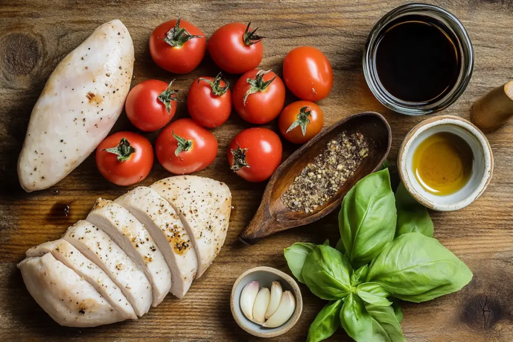 Ingredients for Bruschetta chicken on a wooden table