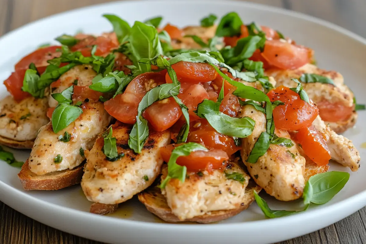 Bruschetta chicken topped with fresh tomato and basil, on a white plate