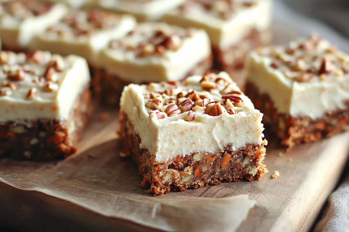 Close-up of freshly baked carrot cake bars with cream cheese frosting