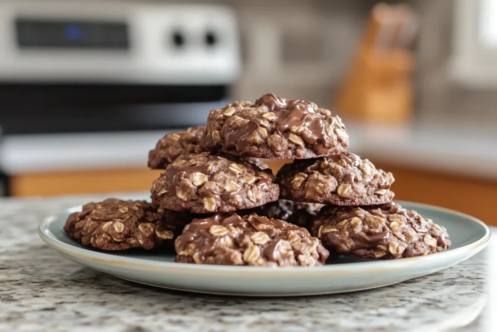 Close-up of delicious no bake chocolate oatmeal cookies on a plate