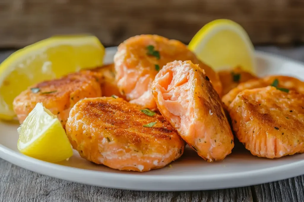 A plate of delicious salmon patties with lemon wedges