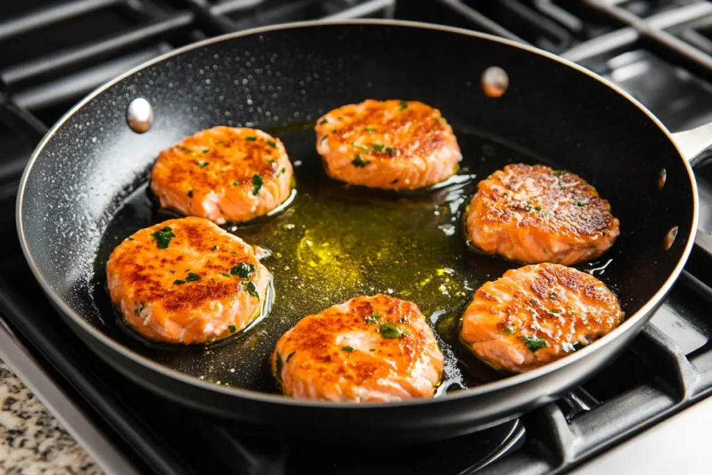 Cooking salmon patties in a skillet