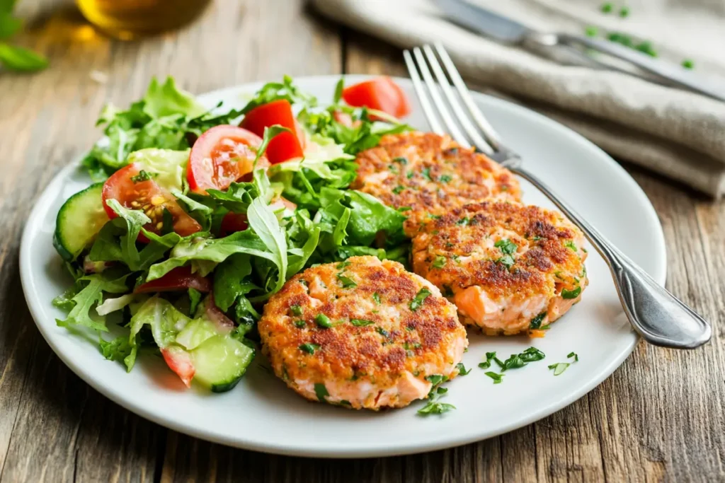 A serving of salmon patties with a side salad.