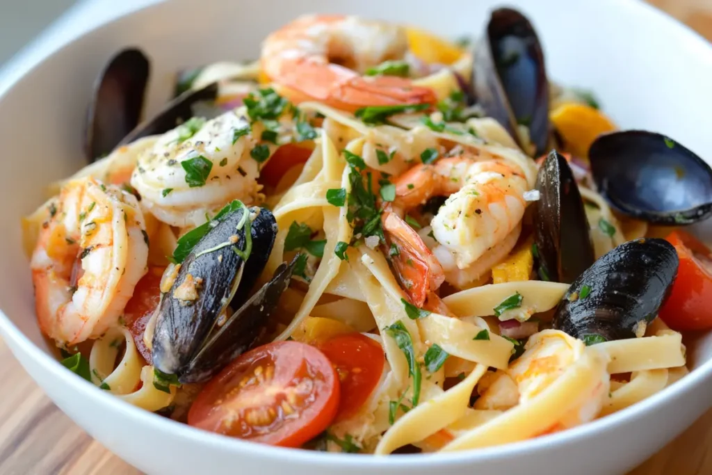 Delicious homemade seafood pasta salad with shrimp, vegetables, and fresh herbs