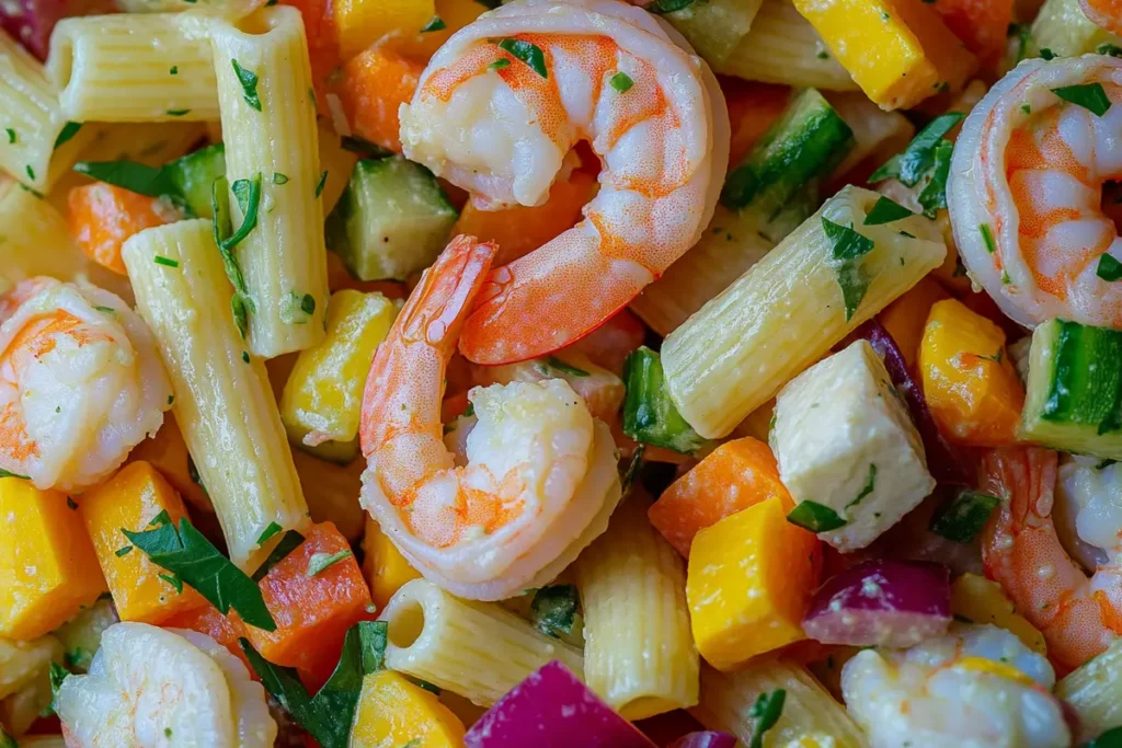 Close-up of perfectly cooked shrimp in seafood pasta salad