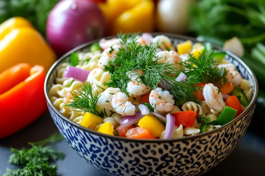 Fresh herbs and colorful vegetables in a seafood pasta salad