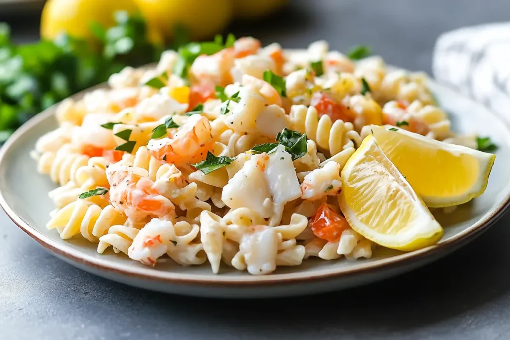 A portion of seafood pasta salad on a plate with a lemon wedge