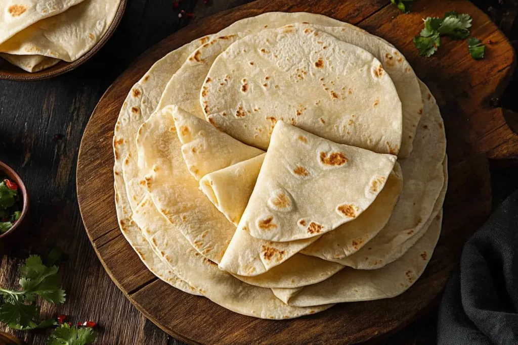 A stack of warm tortillas, some partially folded, ready for making wraps.