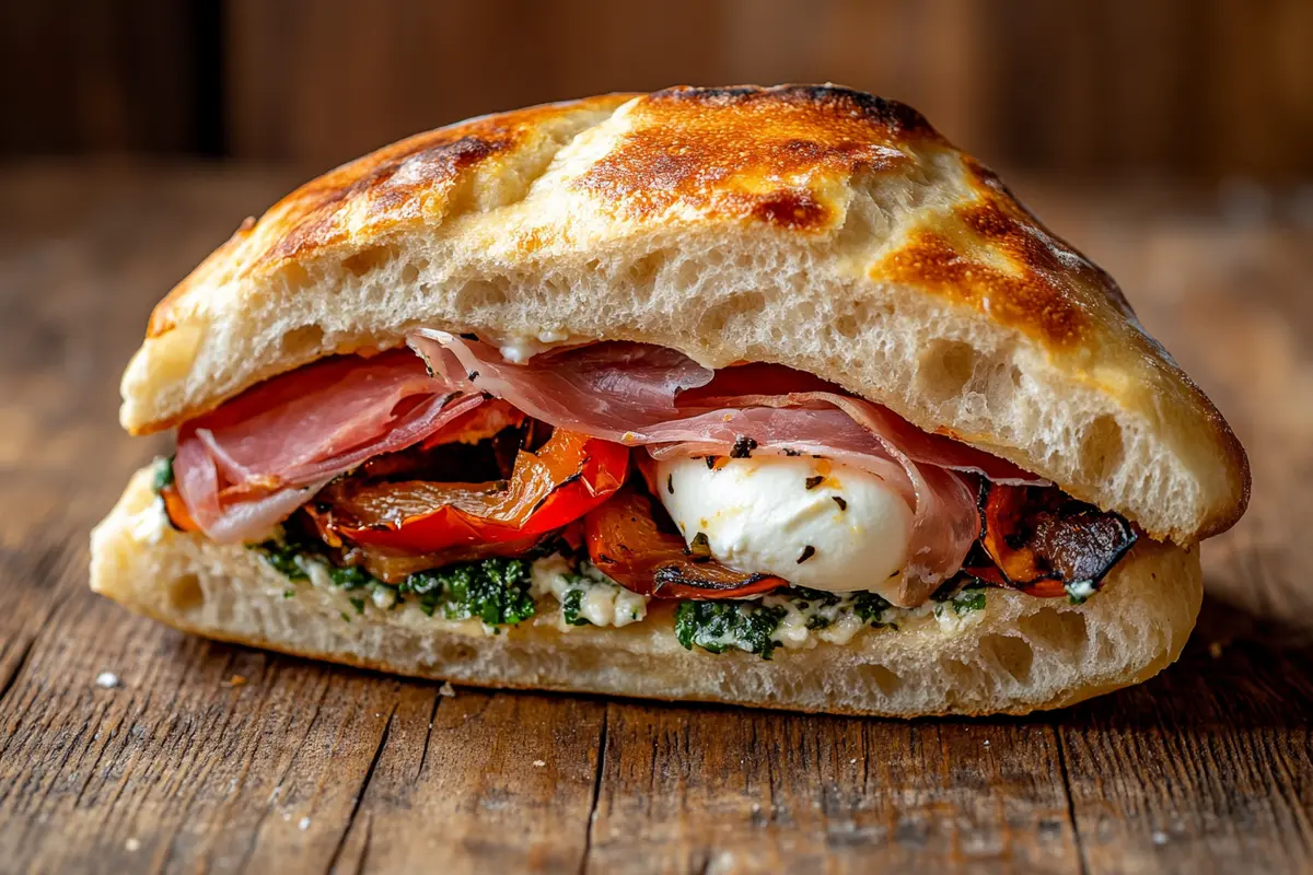 A tasty focaccia sandwich cut in half, showing all the fillings