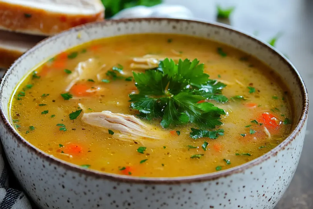 A bowl of warm rotisserie chicken soup garnished with fresh parsley.