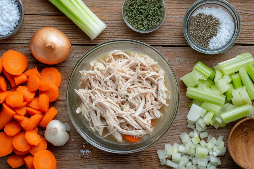 Ingredients for a rotisserie chicken soup recipe laid out on a table