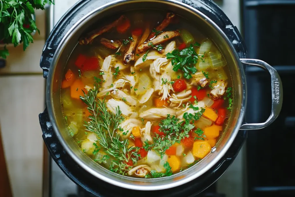 Rotisserie chicken soup simmering in a pot on the stovetop