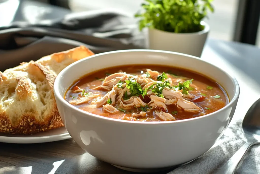 Rotisserie chicken soup served in a bowl with crusty bread