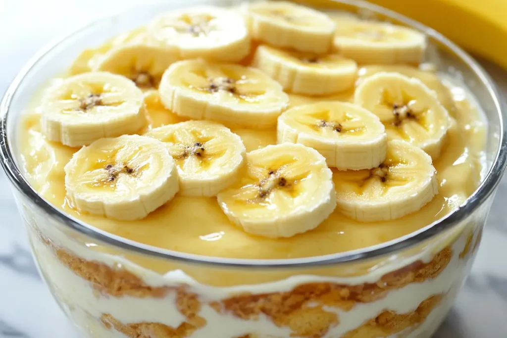 Fresh banana slices in a dish of banana pudding.