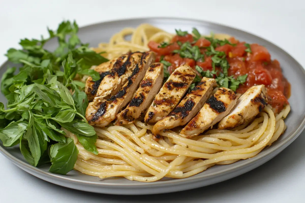 A plate of spaghetti with grilled chicken and tomato sauce