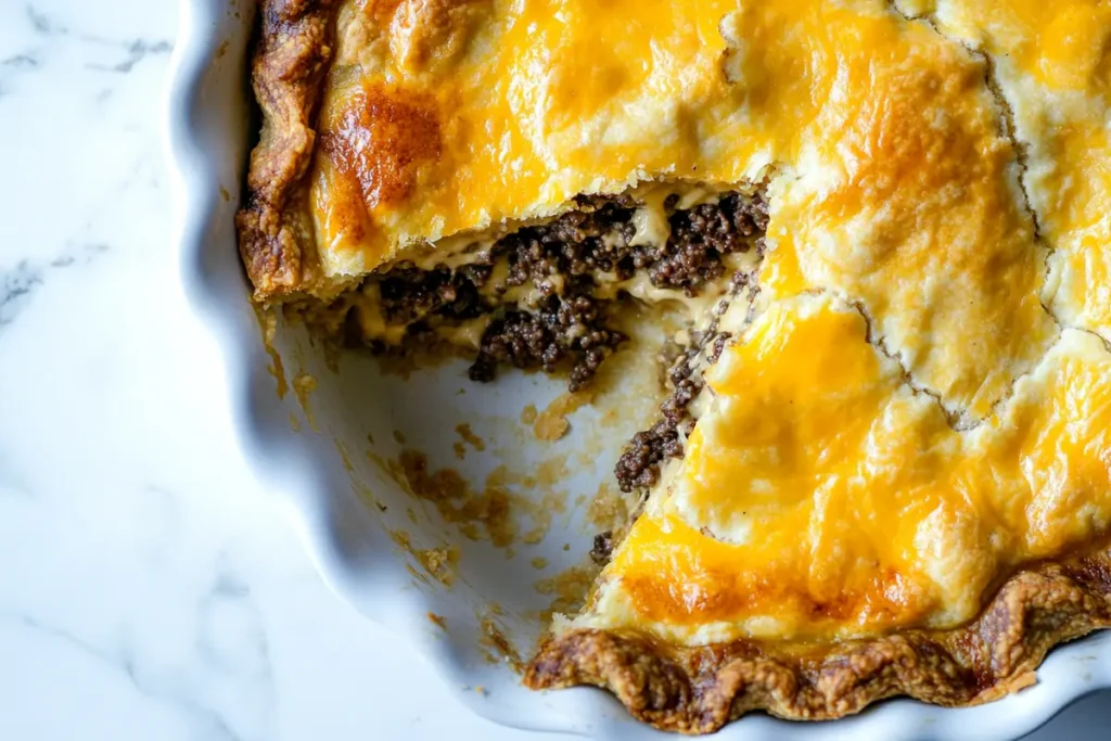 "Impossible Cheeseburger Pie with a slice removed