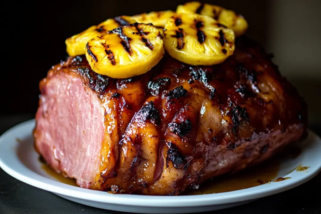 Close-up of a glazed ham with fresh pineapple slices.