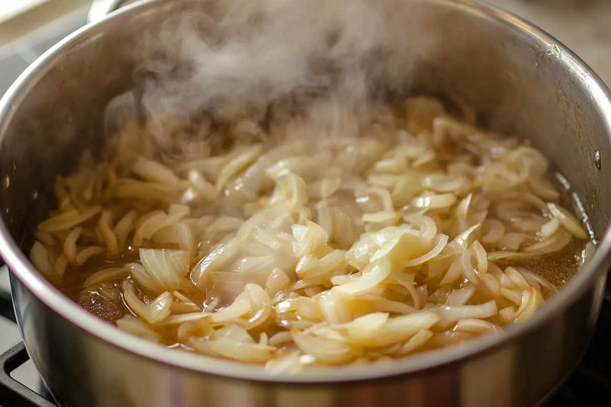 A pot with boiling onions simmering on the stove