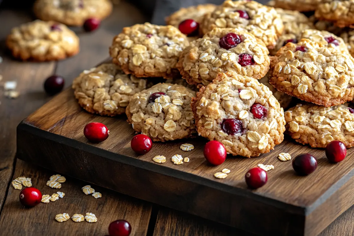 A beautiful display of freshly baked cranberry oatmeal cookies on a wooden platter