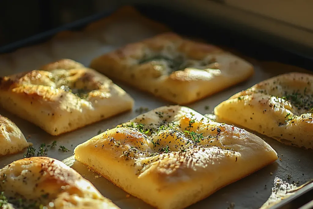 A close-up of fresh, light focaccia bread, ready for a sandwich