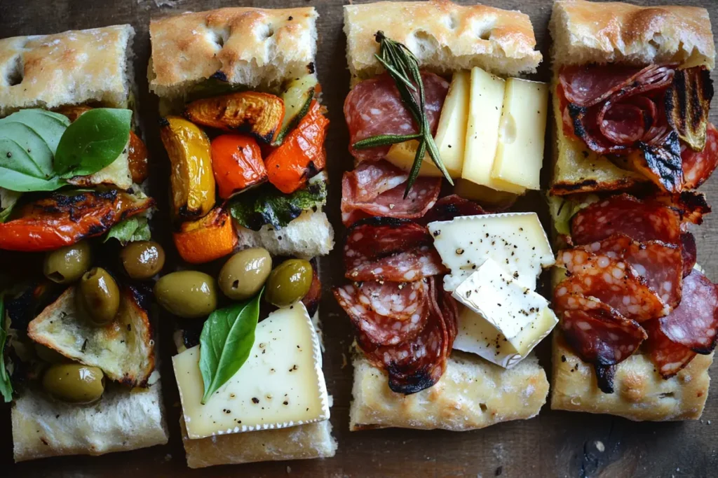 Many different fillings for focaccia sandwiches on a table