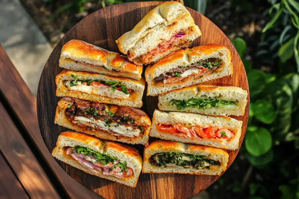 Different focaccia sandwiches on a plate for a party