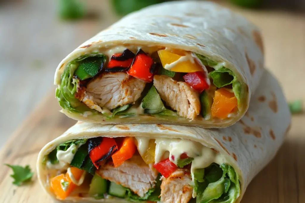 A delicious and colorful tortilla wrap cut in half, showcasing the fillings