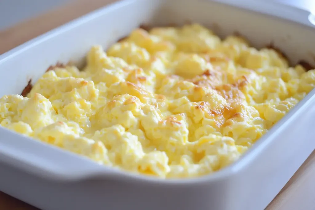 Close up of fluffy baked scrambled eggs in a baking dish