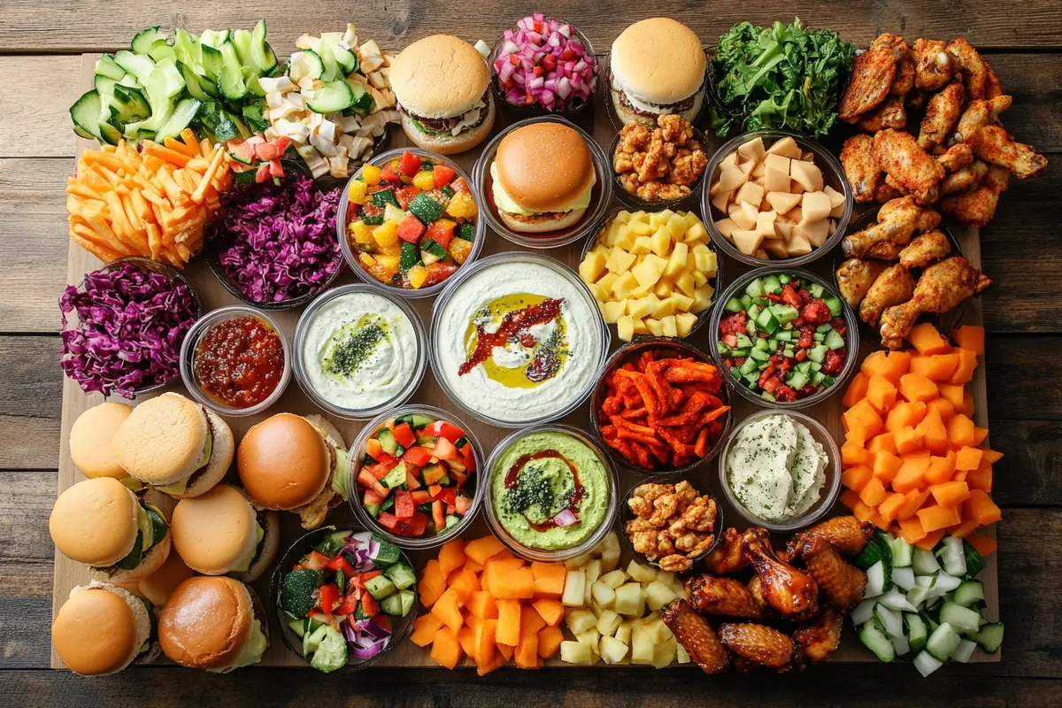 A colorful table spread of the best super bowl snacks, including dips, wings, and sliders.