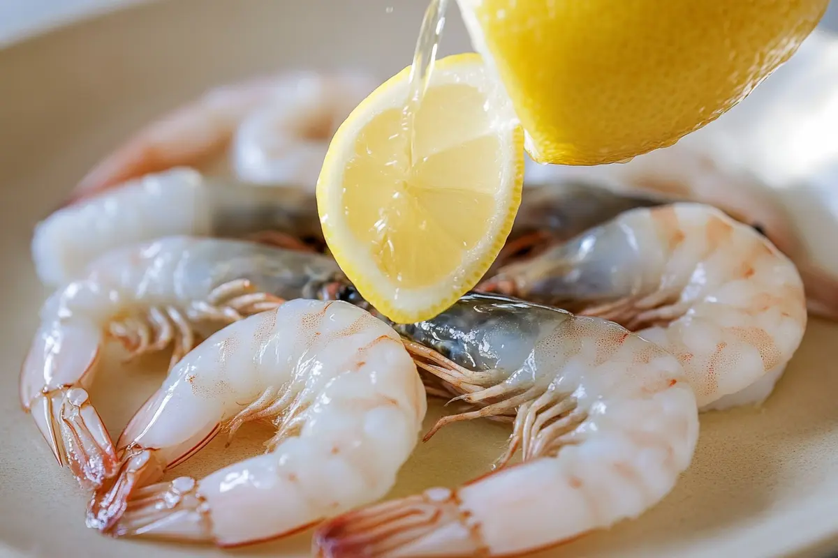 Lemon juice being squeezed on fresh shrimp