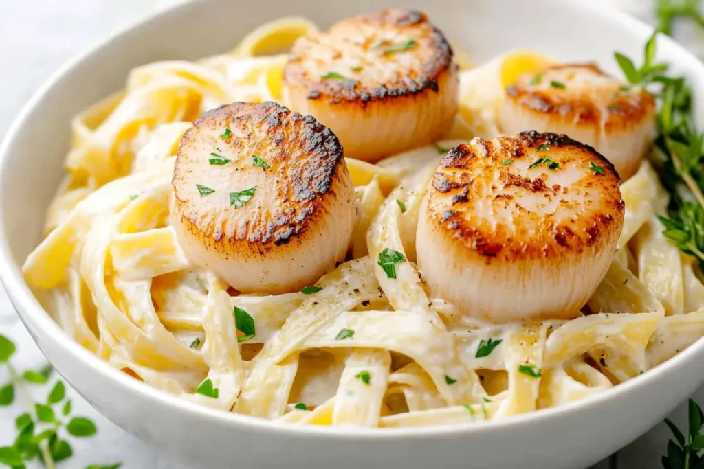 Creamy seafood pasta with fettuccine and scallops