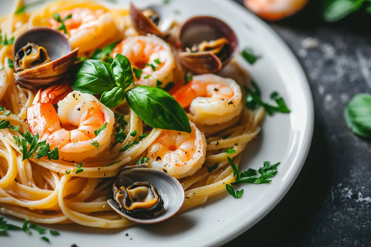 A plate of seafood pasta with linguine, clams, and shrimp