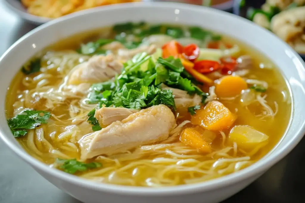 A bowl of chicken soup with golden broth, vegetables and chicken