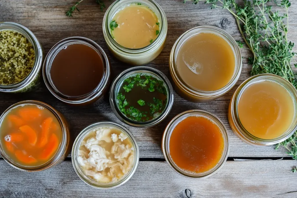 Different types of broth for chicken soup on a table